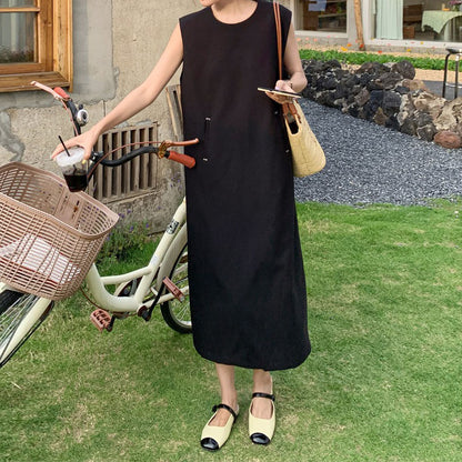【洋裝】法式風夏季新款腰標修身後開襟成熟女人味無袖連身裙