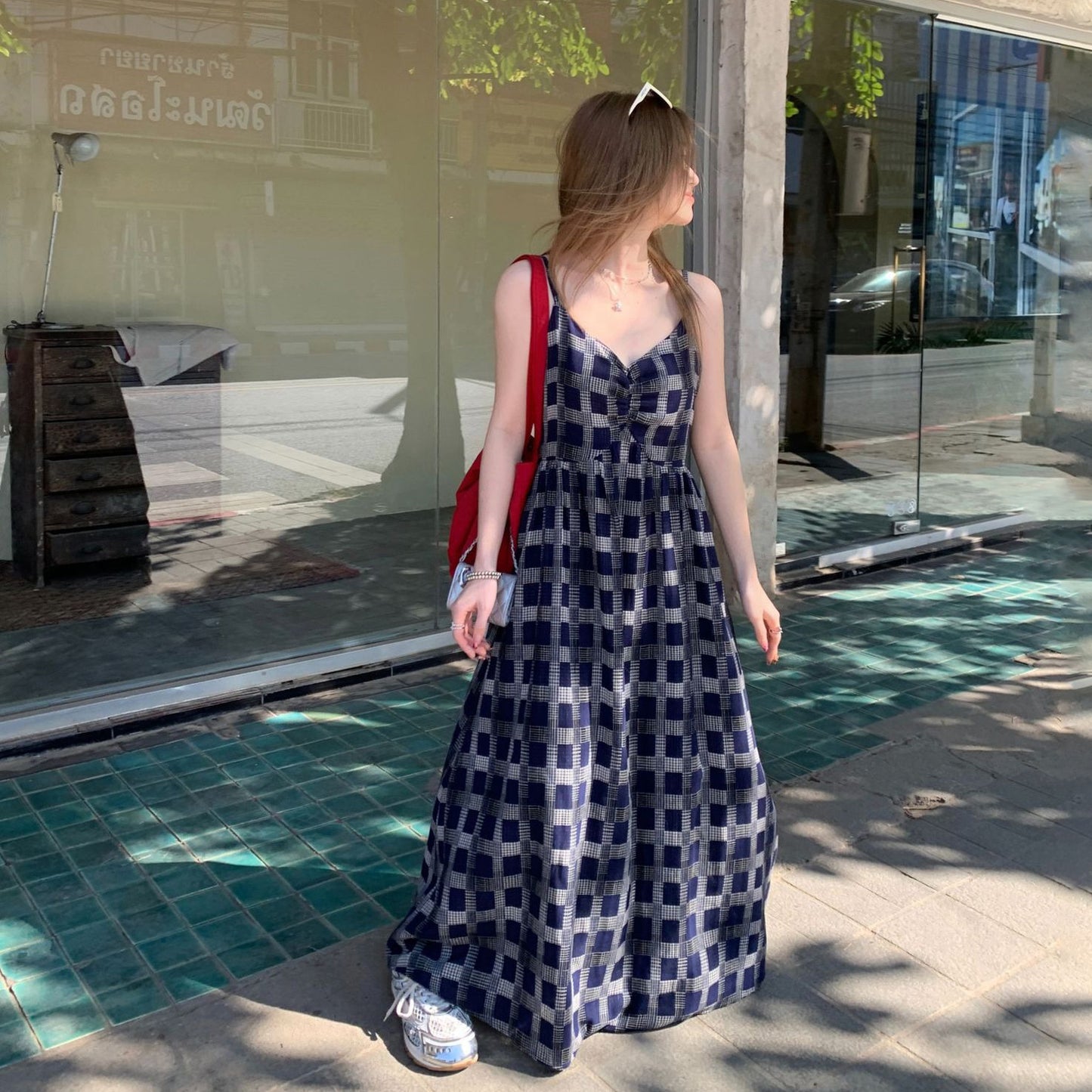 【ワンピース】気質 細見え ゆったり シルエットレトロ チェック柄 ノースリーブワンピース【SHシリーズ】