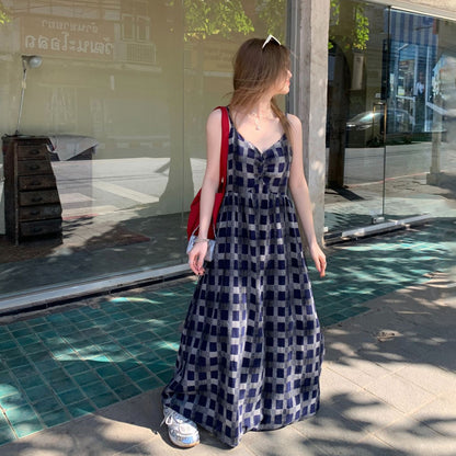 【ワンピース】気質 細見え ゆったり シルエットレトロ チェック柄 ノースリーブワンピース【SHシリーズ】