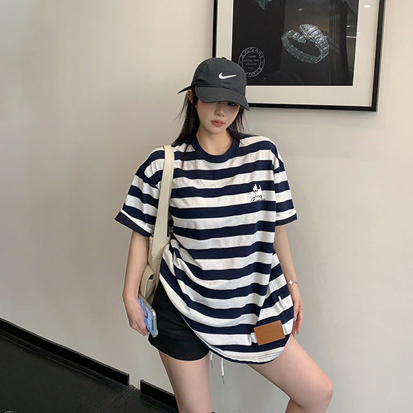 【トップス】ストライプ Tシャツ レディース 夏 半袖 カートゥーン ゆったり オーバーサイズ クルーネック 人気 リラックスコーデ【FCシリーズ】