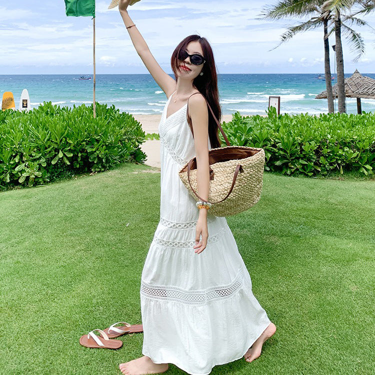 【ワンピース】リゾート風 ホワイト Vネック キャミワンピース 夏 レディース ゆったり ノースリーブロングドレス【JZシリーズ】