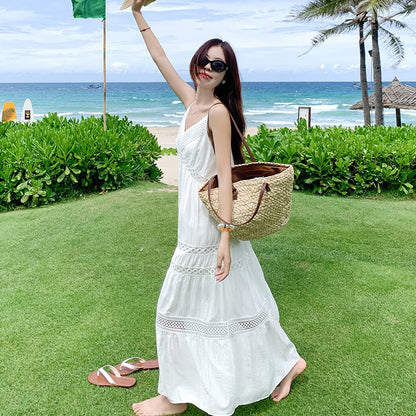 【ワンピース】リゾート風 ホワイト Vネック キャミワンピース 夏 レディース ゆったり ノースリーブロングドレス【JZシリーズ】