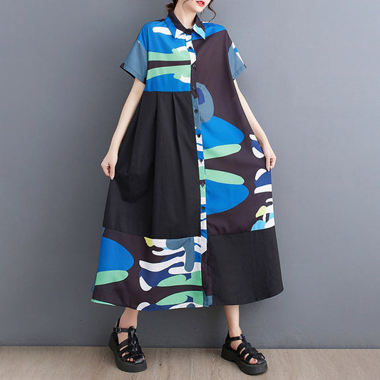 期間限定⭐️60%OFF【ワンピース】大人可愛い レトロ プリント ロングワンピース 夏 半袖 文芸風 ゆるシルエット 総柄 シャツドレス マキシ丈 大きいサイズ【SHシリーズ】