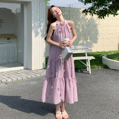 【ワンピース】フレンチ風パープル立体フラワー ノースリーブワンピース レディース 夏新作 ゆったり 体型カバー【JZシリーズ】
