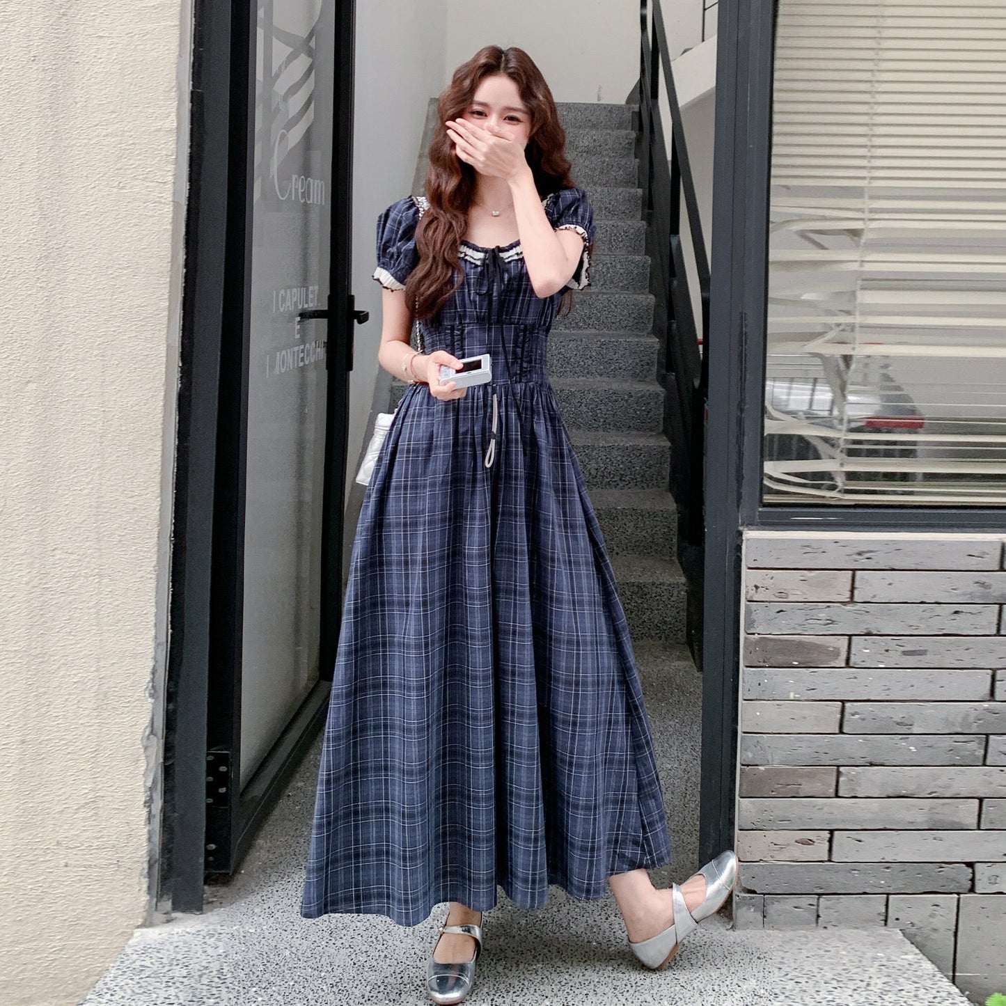 【ワンピース】レトロチェックワンピース レディース 夏 パフスリーブ ノースリーブ ロングワンピース 上品 フレンチ【JZシリーズ】