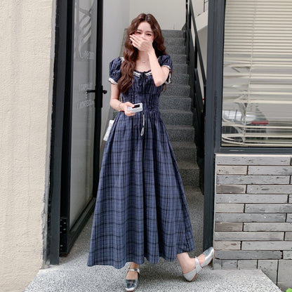【ワンピース】レトロチェックワンピース レディース 夏 パフスリーブ ノースリーブ ロングワンピース 上品 フレンチ【JZシリーズ】