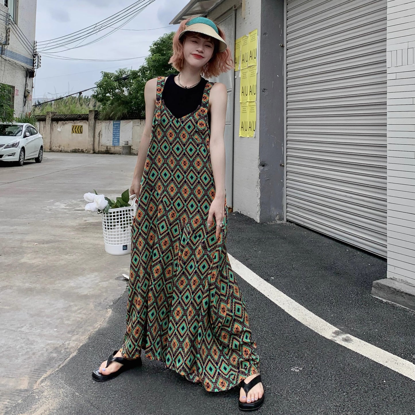 【ボトムス】夏新作 文芸ムードたっぷり 菱形チェック柄 オーバーサイズサロペットスカンツ オールインワン【SHシリーズ】