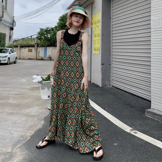 【ボトムス】夏新作 文芸ムードたっぷり 菱形チェック柄 オーバーサイズサロペットスカンツ オールインワン【SHシリーズ】