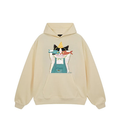 【トップス】🐱アメリカンストリート猫プリントパーカー ユニセックス コットン オーバーサイズ 秋冬コーデ【FCシリーズ】