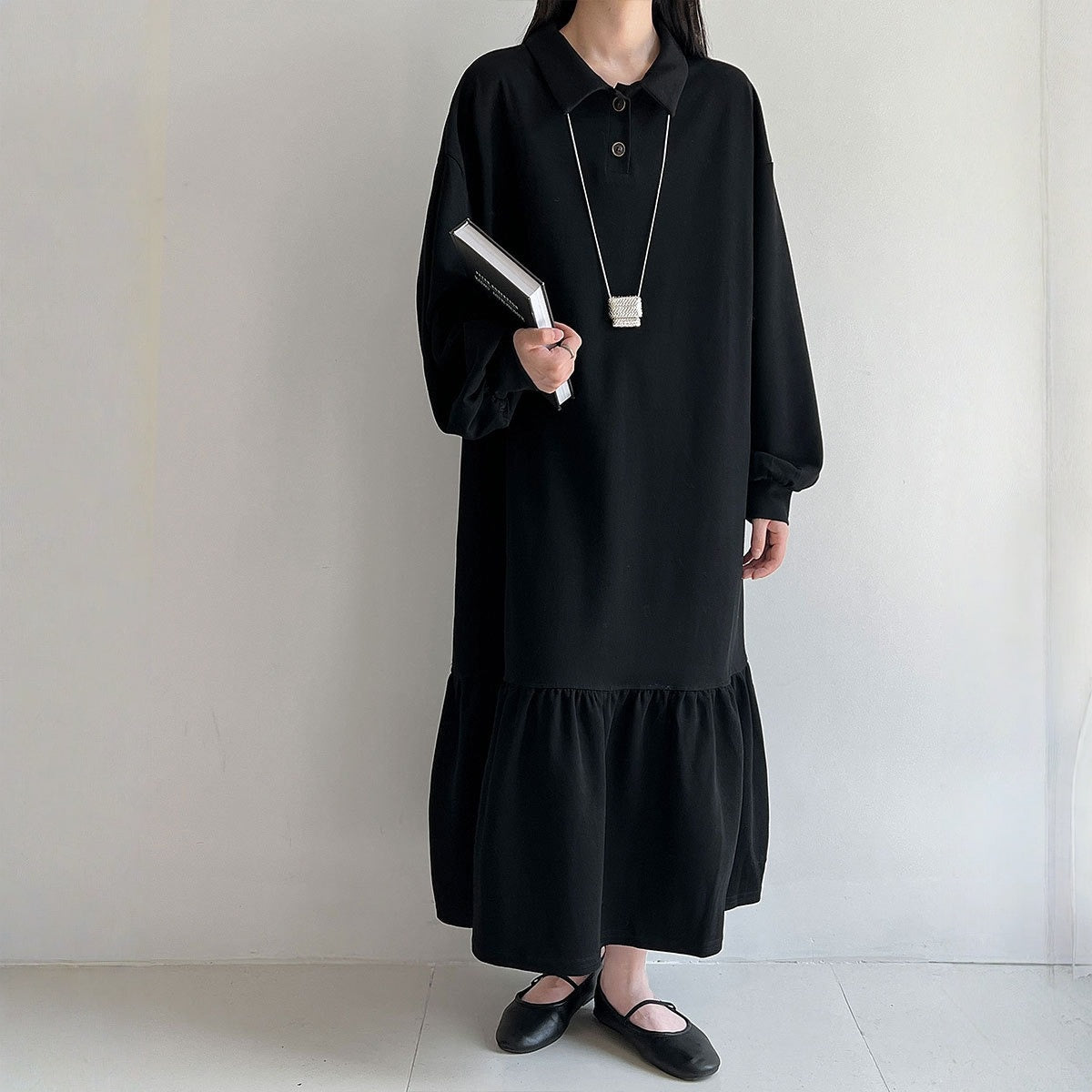 ワンピース】春 秋 冬 切替 襟付き フリル スウェット 長袖