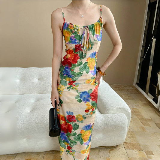 【ワンピース】夏 花柄 タイト 着痩せ効果 レトロ ノースリーブ ワンピース 【SHシリーズ】