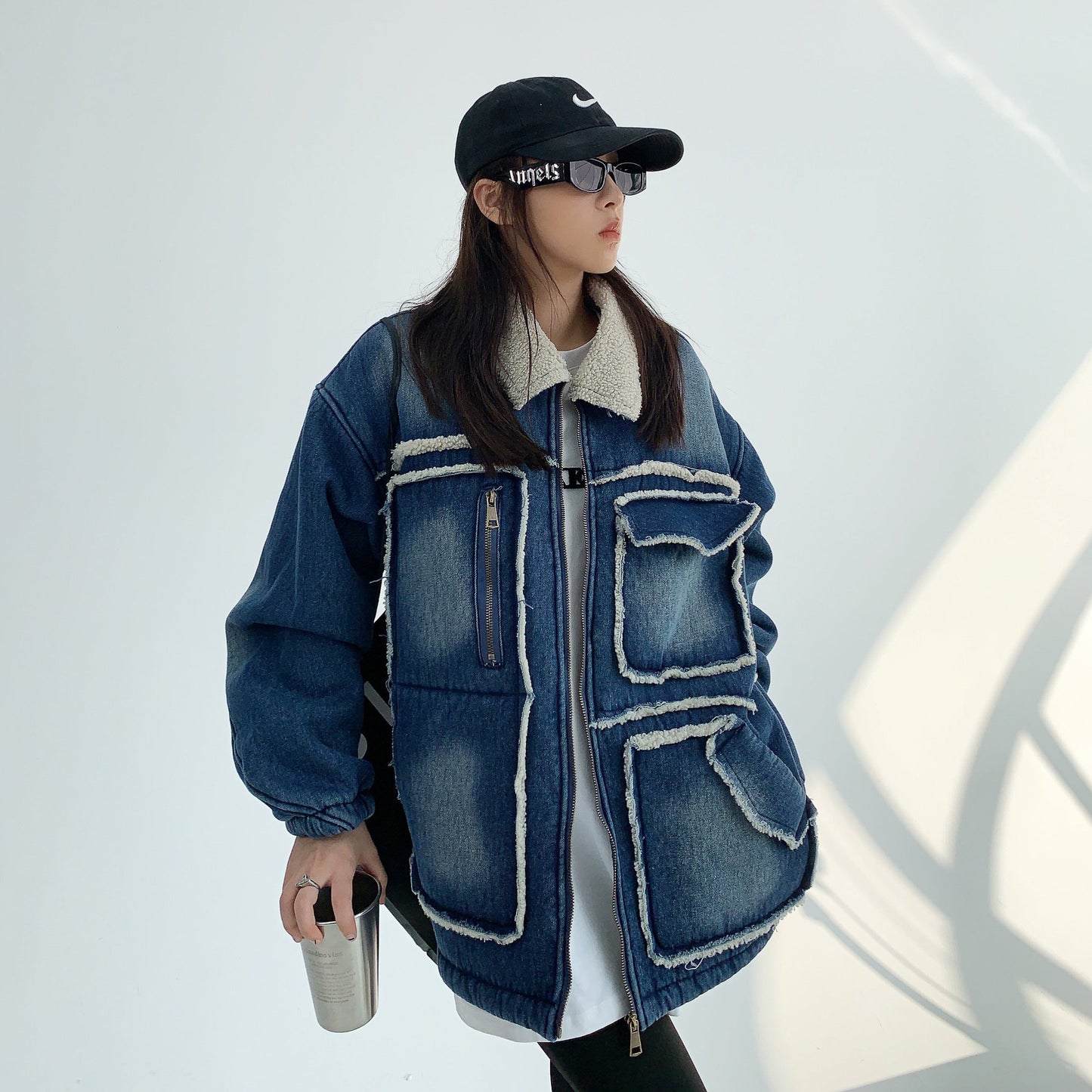 【アウター】アメリカ 秋冬 カップル服 ゆったり レトロ ダメージデニム ラムウール ジャケット【FCシリーズ】