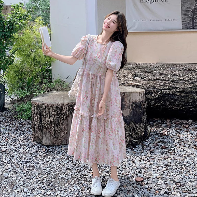 【ワンピース】夏 フレンチカントリー風 ラウンドネック パフスリーブ フラワープリント 半袖ワンピース【SHシリーズ】