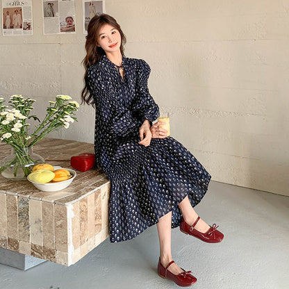 【ワンピース】フラワープリント リボン付き 長袖ワンピース レディース マキシ丈 トレンドコーデ 大人可愛い【SHシリーズ】