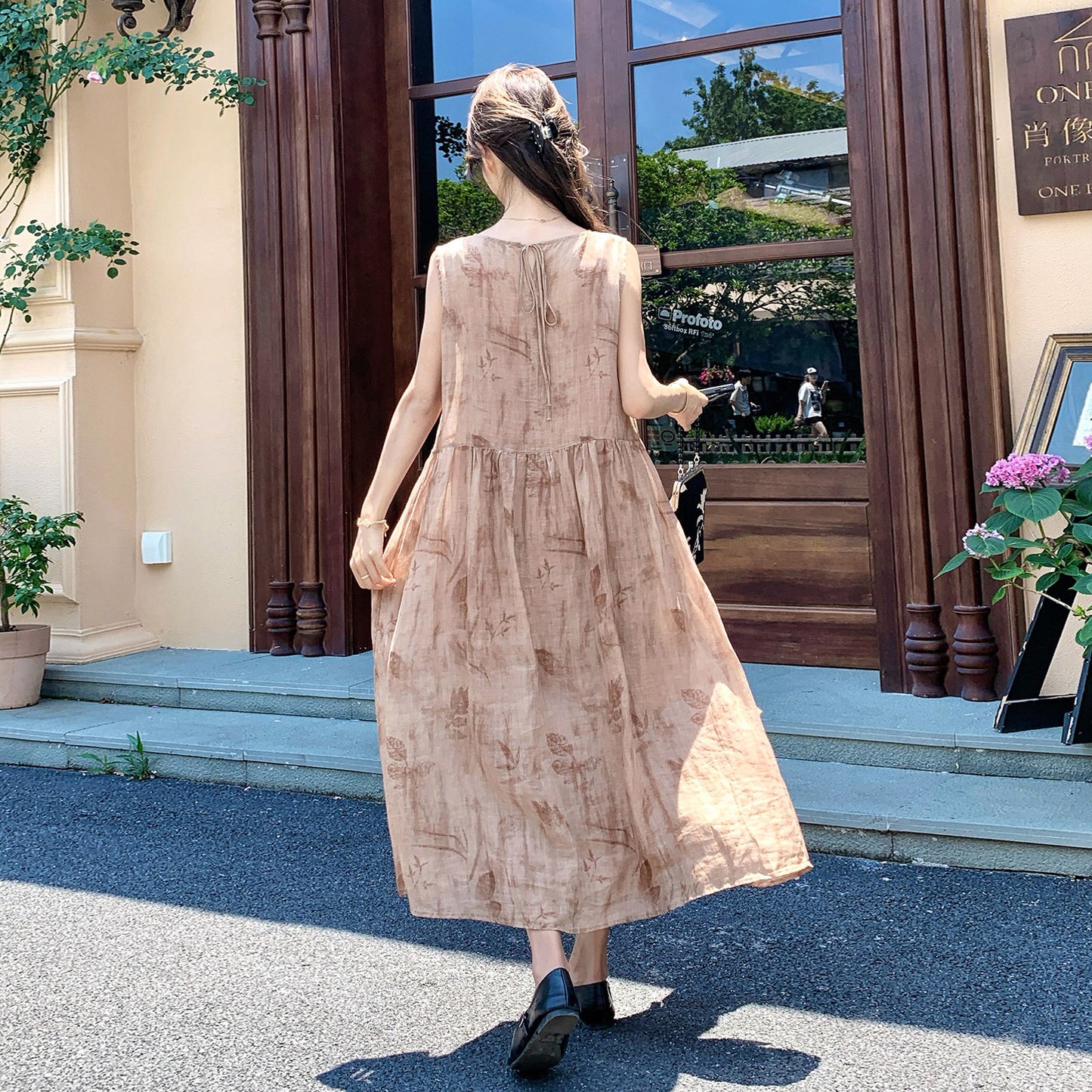 【ワンピース】フレンチ こなれ感 グラデーション プリント ブラウン ノースリーブ ワンピース レディース 夏 ゆったり 上品【SHシリーズ】
