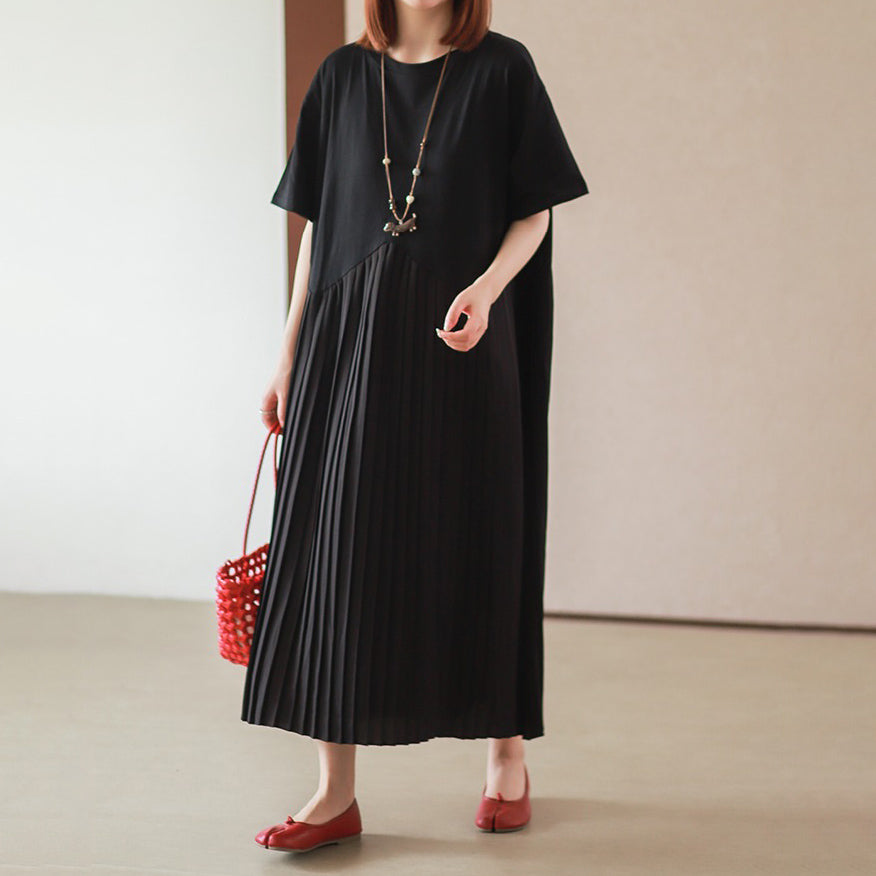 【ワンピース】シンプル ゆったりカジュアル プリーツ 半袖ワンピース【JZシリーズ】