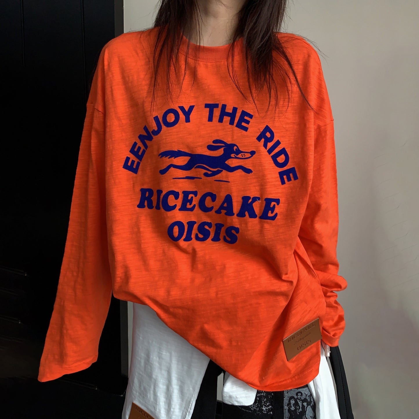 【トップス】カレッジ風ロゴ刺繍風ロンT レディース フロッキープリント ゆったり 古着風トップス 長袖Tシャツ【FCシリーズ】