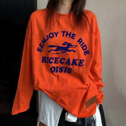 【トップス】カレッジ風ロゴ刺繍風ロンT レディース フロッキープリント ゆったり 古着風トップス 長袖Tシャツ【FCシリーズ】