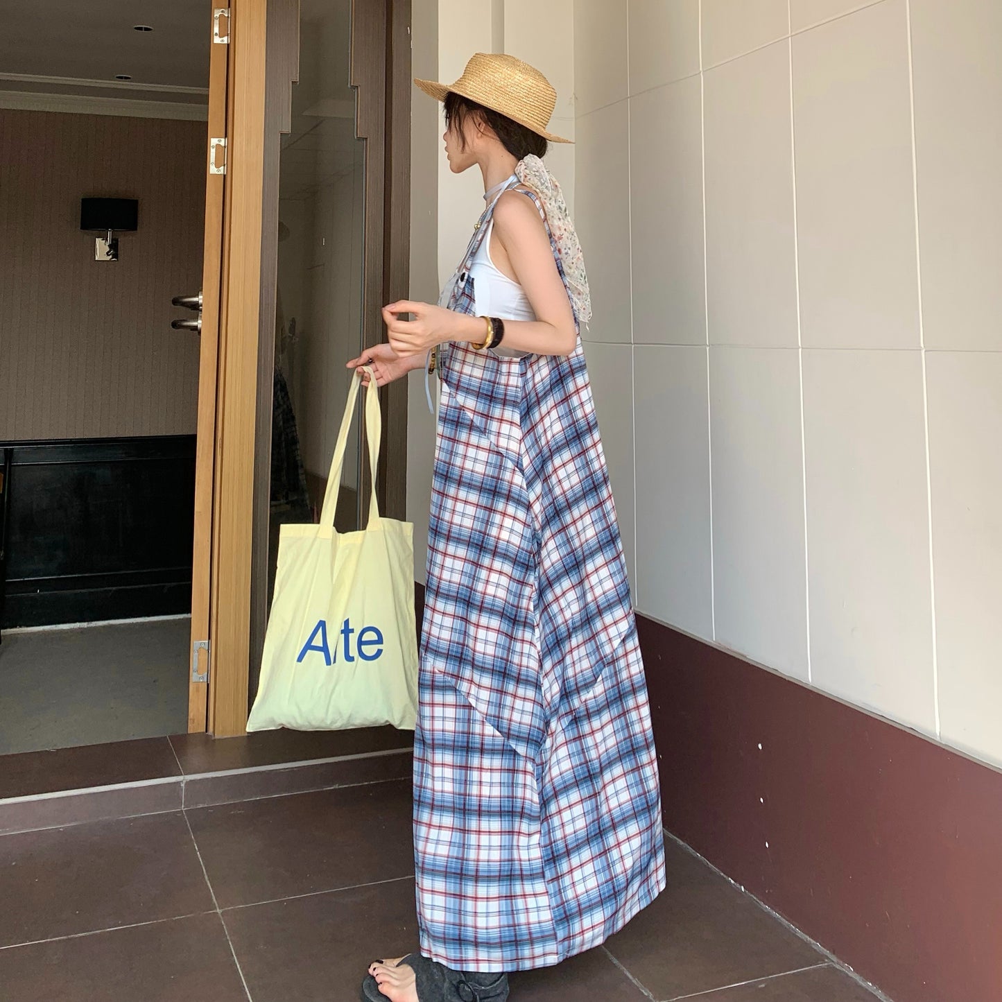 【ボトムス】ゆったりリラックス感 Vネック レトロチェック柄 オールインワン【SHシリーズ】