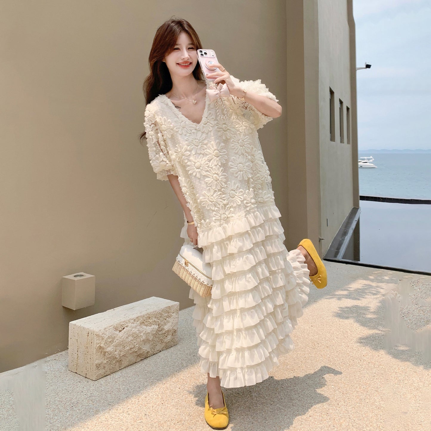 【ワンピース】Vネック ワンピース レディース 2026夏 フリル ロング丈 フレンチ フェミニン ゆったり ノースリーブ【SHシリーズ】