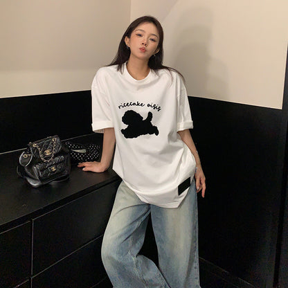 【トップス】ヴィンテージ風 カートゥーンフロッキープリントTシャツ レディース 夏 シンプル ルーズ 半袖【FCシリーズ】