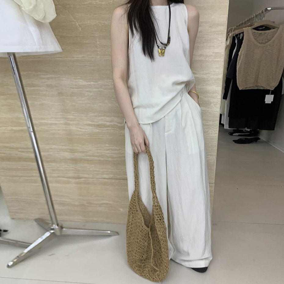 2点セット【セットアップ】夏 シンプル 通勤 タンクトップ＋テンセル ワイドレッグパンツ 上下セットアップ【SNシリーズ】