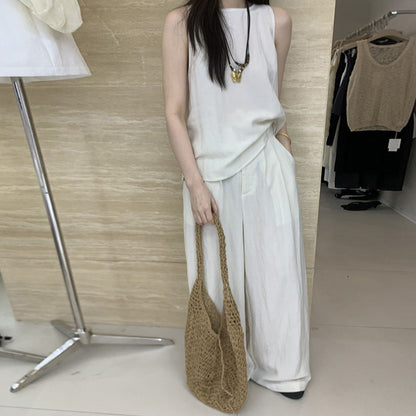 2点セット【セットアップ】夏 シンプル 通勤 タンクトップ＋テンセル ワイドレッグパンツ 上下セットアップ【SNシリーズ】