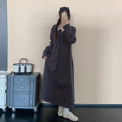 【ワンピース】韓国風ポロカラーロングワンピース レディース 秋新作 長袖 ゆったり きれいめ 通勤【JZシリーズ】