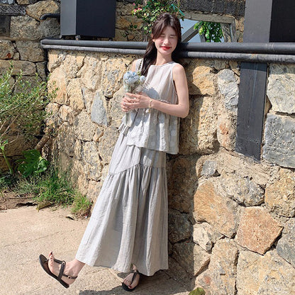 2点セット！【セットアップ】最近こればっかり着てる…♡ フリルベスト×スカート 上下セット グレー フレンチ風 夏リゾートコーデ きれいめ大人女子【JZシリーズ】