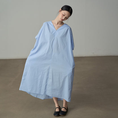 【ワンピース】夏新作 フランス風 Vネック パフ袖 無地ロングドレス 後ろ開き ゆったりシルエット 半袖ワンピース【JZシリーズ】