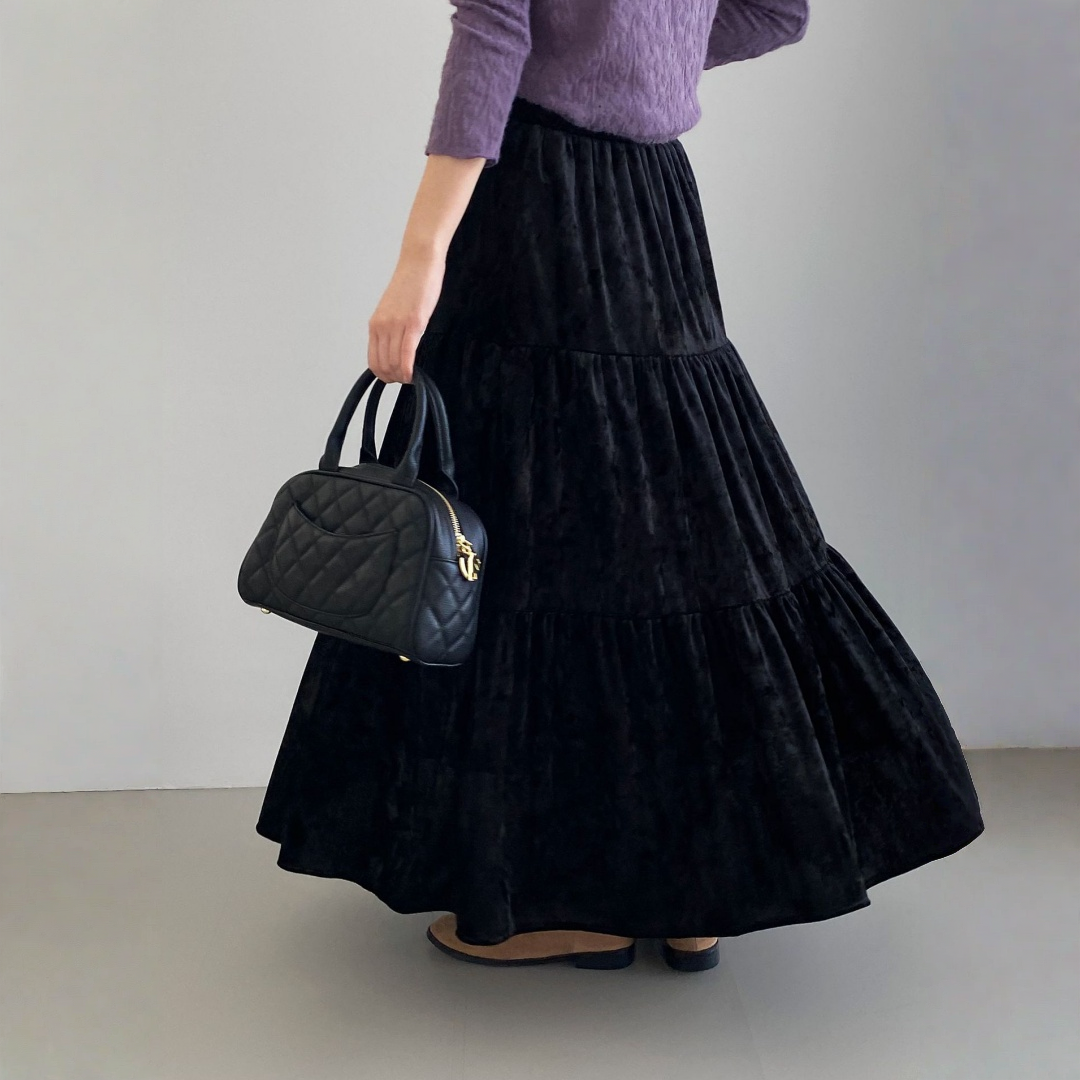 【ボトムス】春 秋 冬 ウエストゴム入り ベルベット素材 フレア スカート  【JZシリーズ】