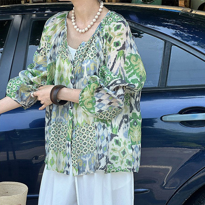 【トップス】真夏の復古 グリーン油絵 ランタン袖 UVカットシャツ【JZシリーズ】【SHシリーズ】