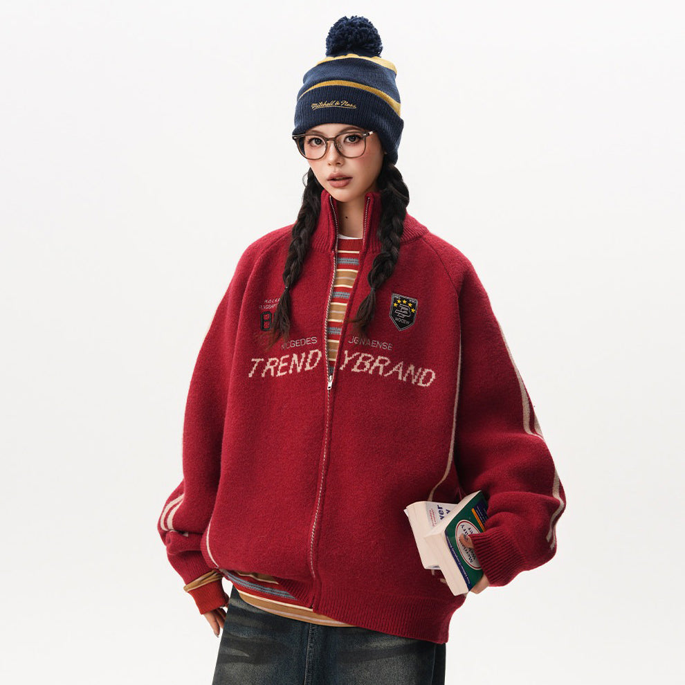 【トップス】アメリカンスポーツ風 立ち襟 ニットカーディガン ユニセックス 秋向け トレンド セーター【FCシリーズ】