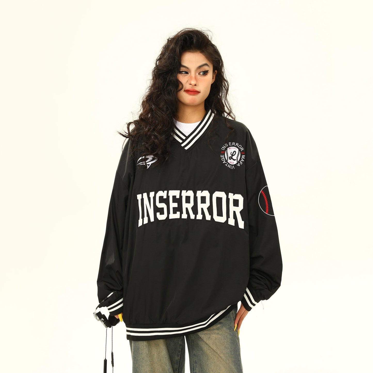 【トップス】春秋 美式ヴィンテージVネックパーカー 男女兼用 刺繍ロゴ入りカジュアルスウェットシャツ【FCシリーズ】