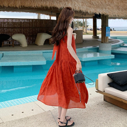 【ワンピース】夏新作 レッド ジャガード ホルターネック ワンピース オリエンタル レトロ 海辺 リゾート ロング丈【SHシリーズ】
