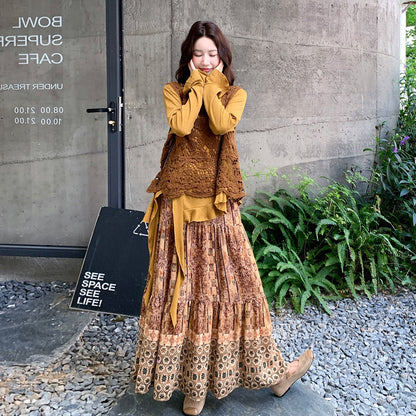 3点セット！【セットアップ】不規則デザインニット＆透かし編みベスト＆花柄スカート 上下セット レディース 韓国風 大人可愛い 秋コーデ【SHシリーズ】