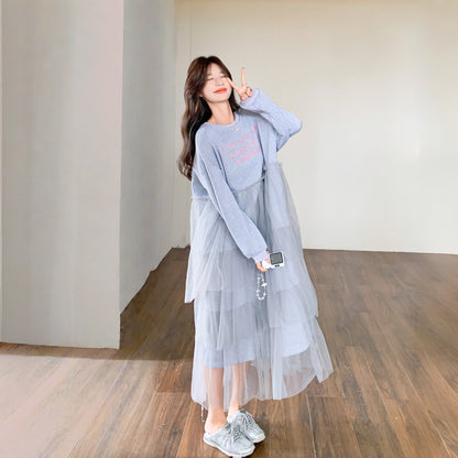 【ワンピース】カジュアル スリム見え チュール ミックス アルファベット 長袖ワンピース【JZシリーズ】