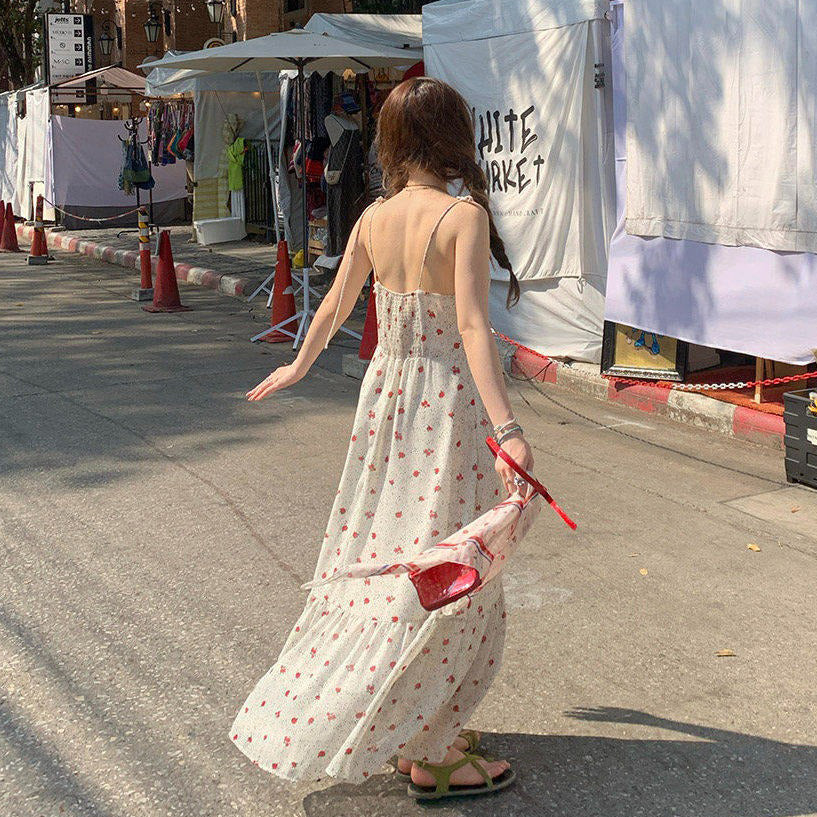 【ワンピース】大きいサイズ レディース 夏新作 フレンチ風 花柄 キャミワンピース 海辺 リゾート風  ノースリーブ ウエストマーク 着痩せ ロングワンピース【SHシリーズ】