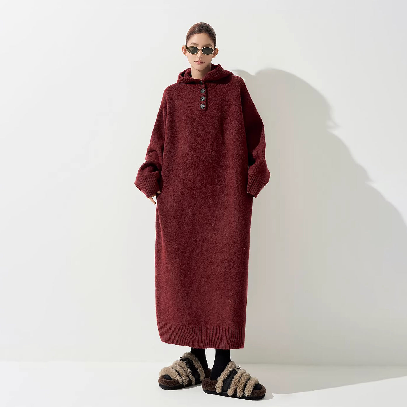 【ワンピース】フード付き ニット長袖ワンピース レディース 秋冬 韓国風 ルーズ 体型カバー ロング丈【FCシリーズ】【15～20日内発送】