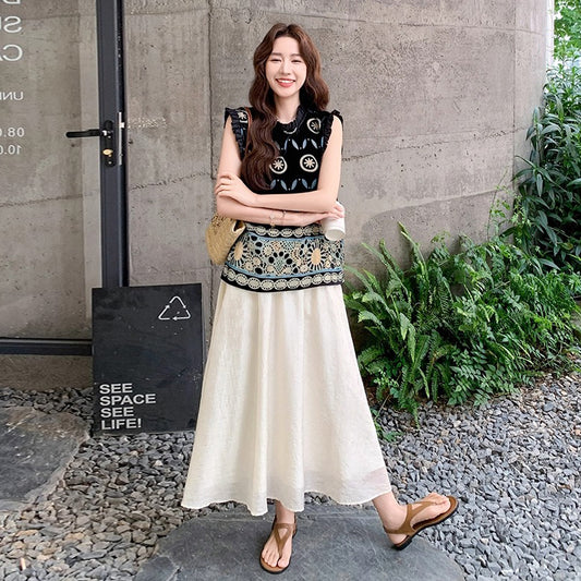 2点セット！【セットアップ】高級感あふれるエスニックジャカードトップス＋スカート 上下セット｜夏の気品ある大人コーデ【SHシリーズ】
