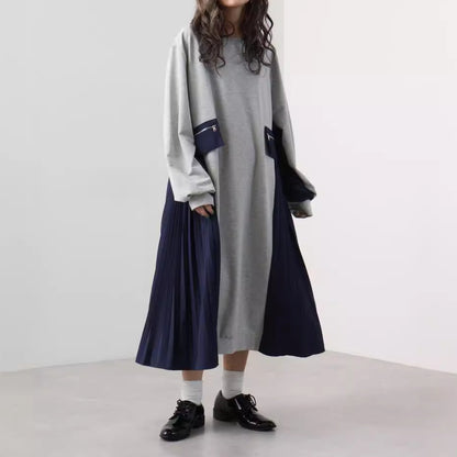 【24AW】【ワンピース】レトロ ラウンドネック 配色 ルーズ  切り替え 長袖ワンピース