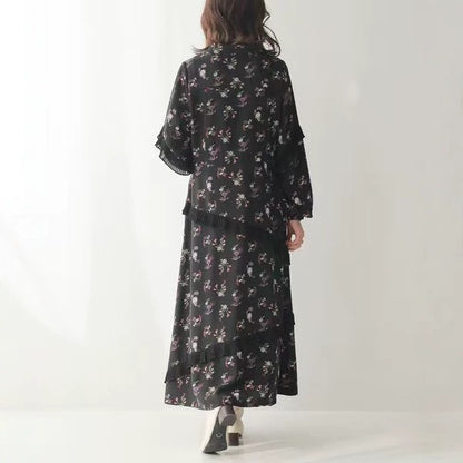 【ワンピース】フレンチ花柄ロングワンピース レディース 長袖 ギャザーデザイン ナチュラル フェミニン【SHシリーズ】