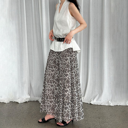 【ボトムス】春夏新作 ハイウエストプリーツスカート レオパード柄 ヒョウ柄 Aライン 着痩せ効果【JZシリーズ】【SHシリーズ】