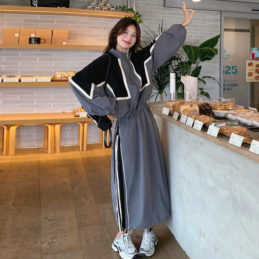 2点セット！【セットアップ】韓国CHIC 配色ジャケットスカート 上下セット レディース ストライプ柄 リラックス 秋セット【FCシリーズ】