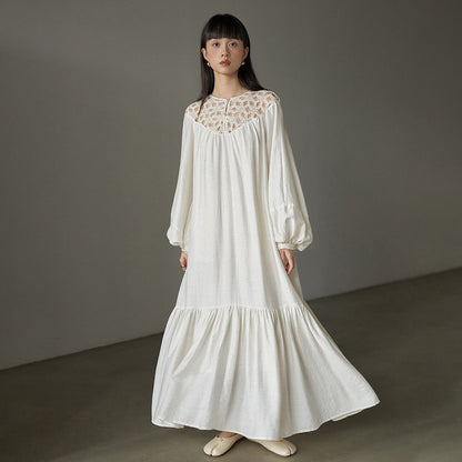 【ワンピース】フレンチ風 刺繍 レース 長袖ワンピース｜透かしデザイン リゾート感あふれるロングドレス【JZシリーズ】