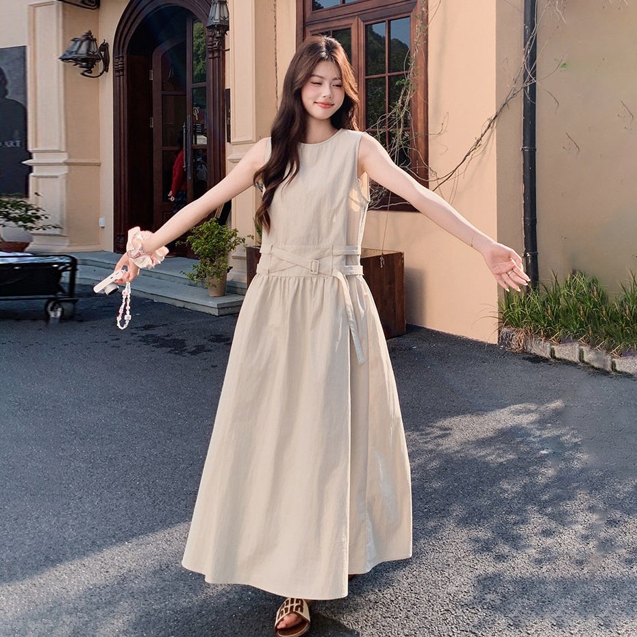 【ワンピース】ロング丈 ノースリーブワンピース フレンチスタイル ウエストマーク 大きいサイズ 着痩せ 体型カバー リゾート 上品【JZシリーズ】