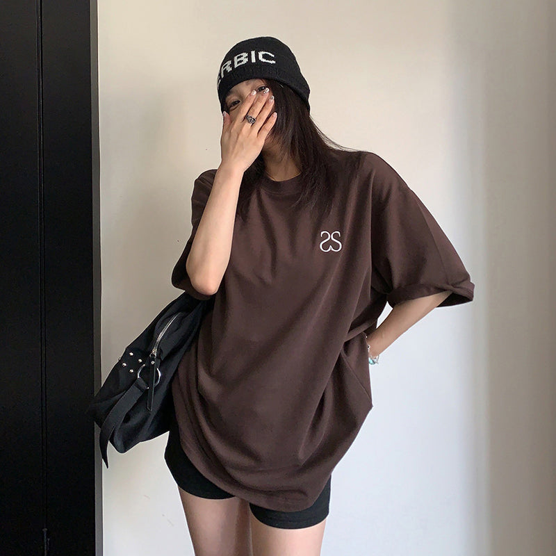 【トップス】ヴィンテージ風 シンプル刺繍Tシャツ 綿100％ レディース 夏 オーバーサイズ 半袖【FCシリーズ】