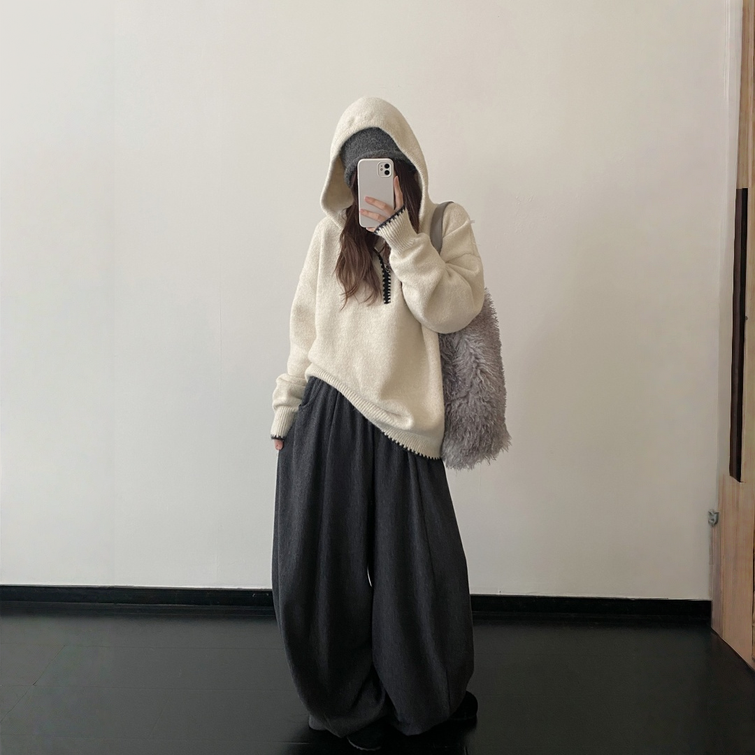 【トップス】ルーズ感 春 秋 冬 フード付き ニット セーター 【FCシリーズ】