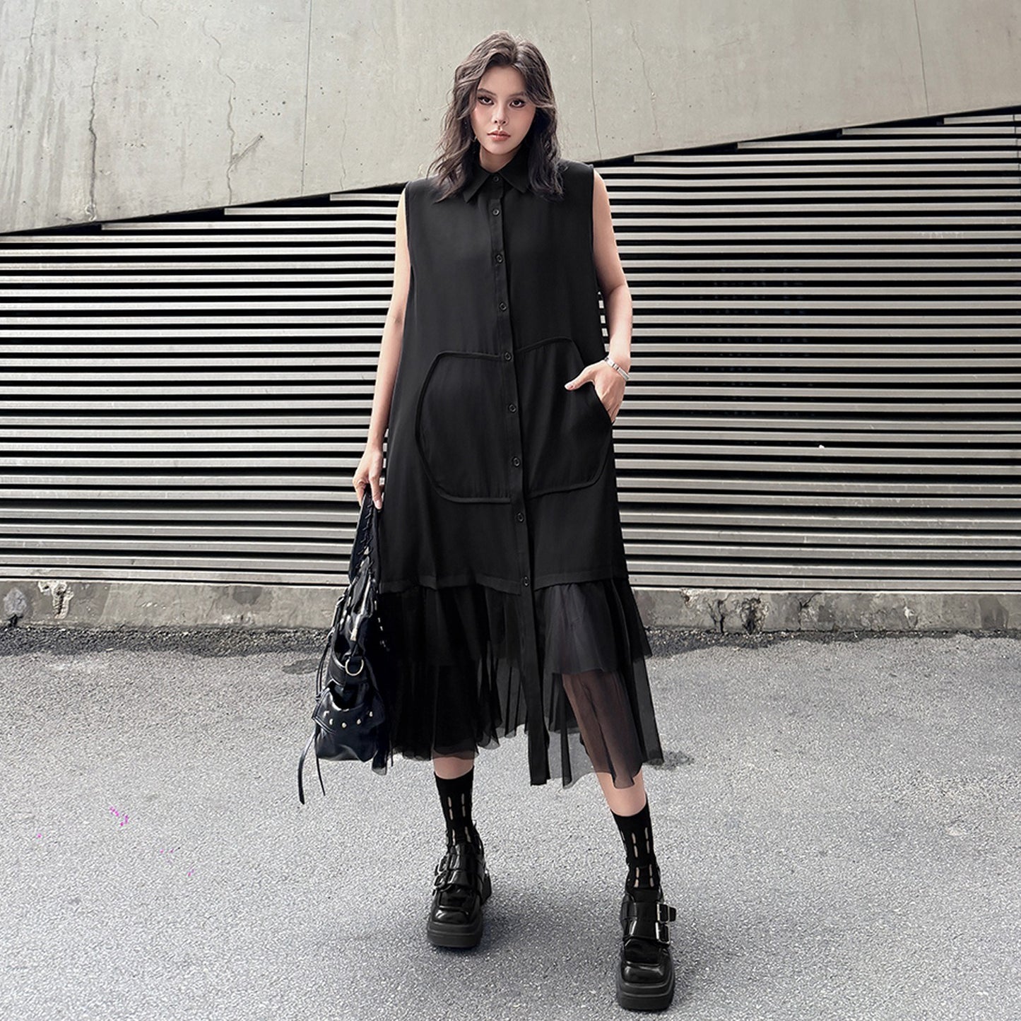 暗黑風拼接襯衫連衣裙｜高級感顯瘦中長裙【AH系列】