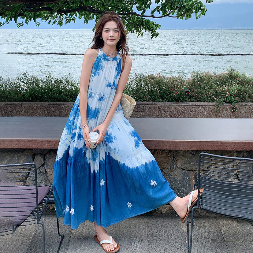 【ワンピース】夏新作 フレンチスタイル タイダイ柄 ノースリーブワンピース 着痩せ効果抜群【SHシリーズ】